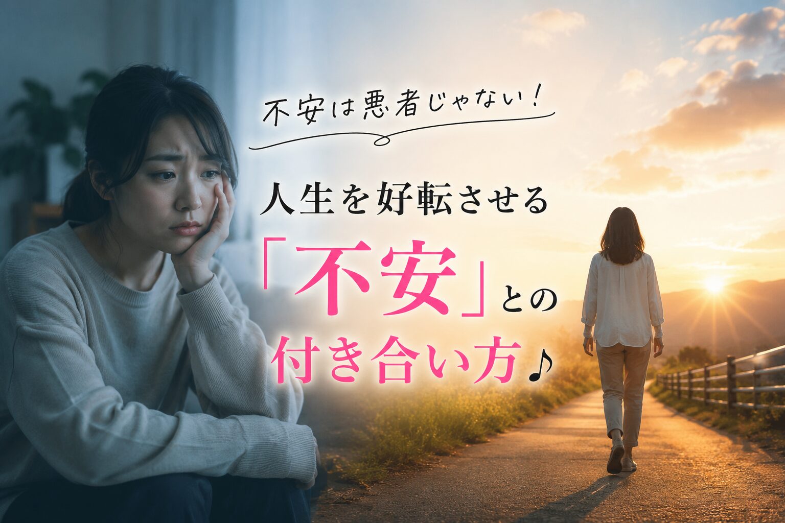 考える人 朝日に向かって歩く人
